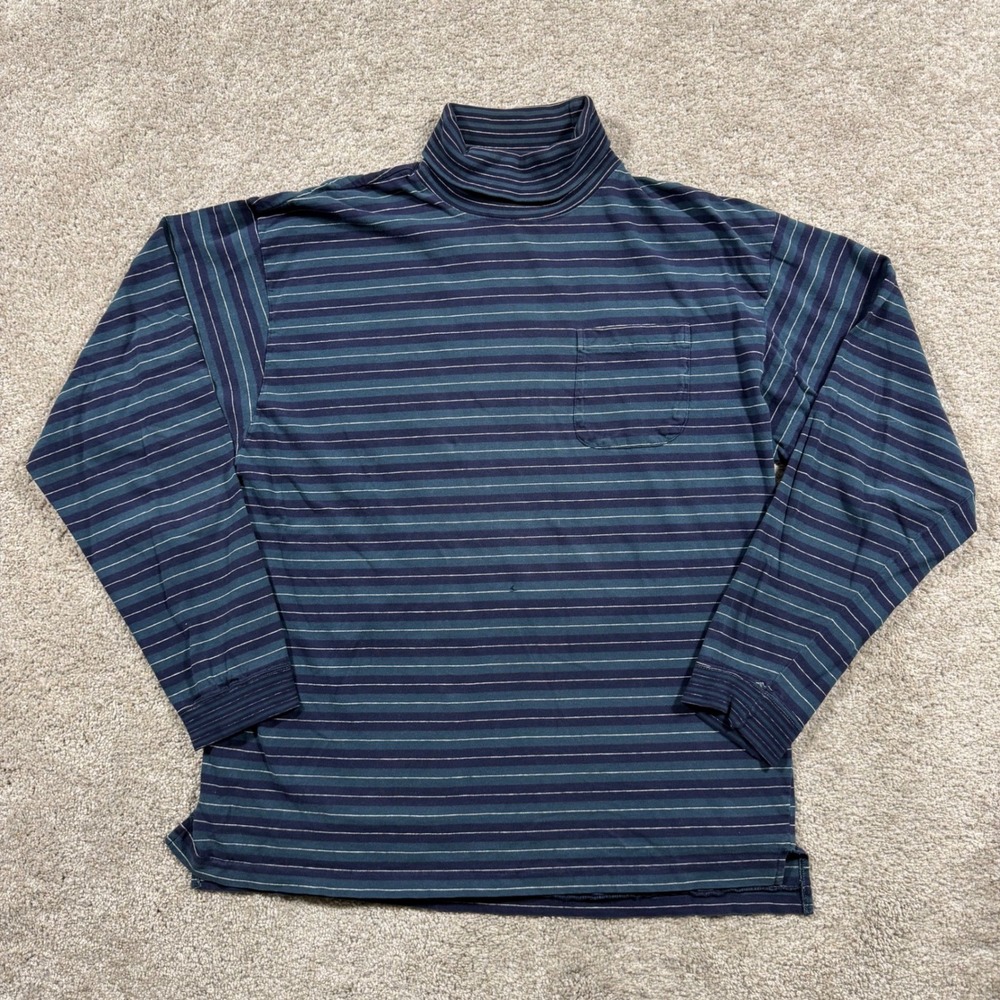 Vintage Gap Mens Blue Teal Striped Cotton Turtleneck Long Sleeve Shirt Large
